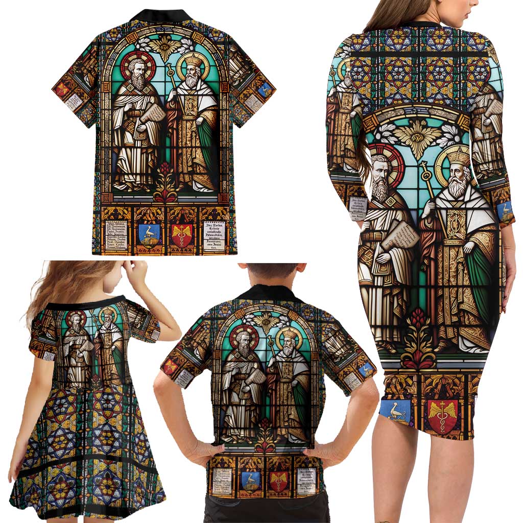 Happy Saints Cyril and Methodius Day Family Matching Long Sleeve Bodycon Dress and Hawaiian Shirt Christian Stained-Glass Window