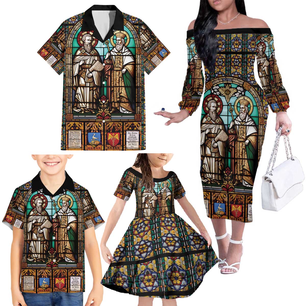 Happy Saints Cyril and Methodius Day Family Matching Off The Shoulder Long Sleeve Dress and Hawaiian Shirt Christian Stained-Glass Window