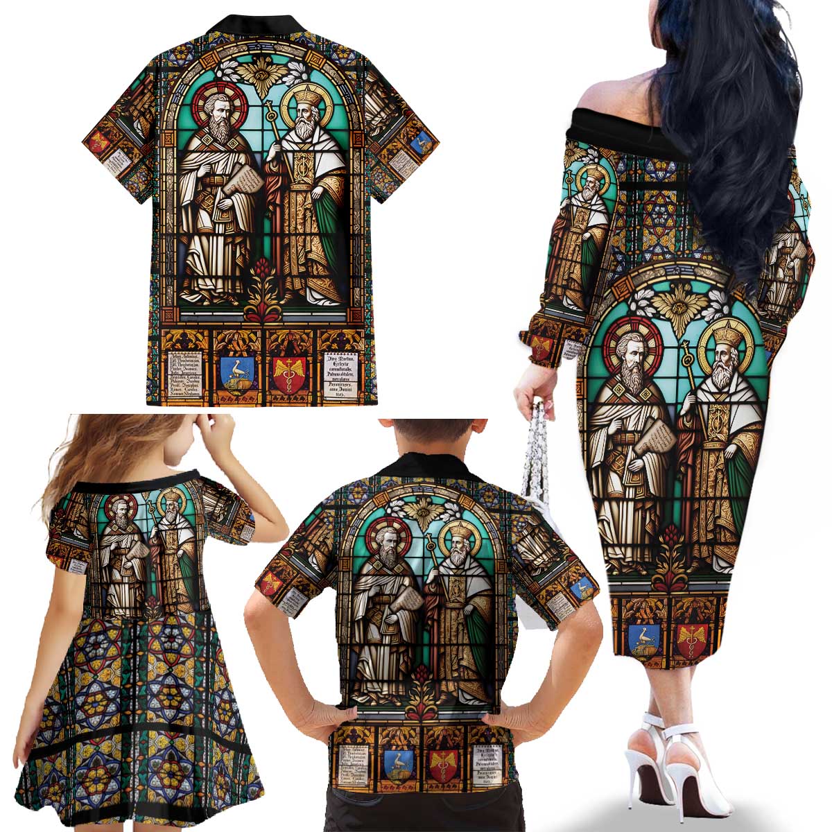 Happy Saints Cyril and Methodius Day Family Matching Off The Shoulder Long Sleeve Dress and Hawaiian Shirt Christian Stained-Glass Window