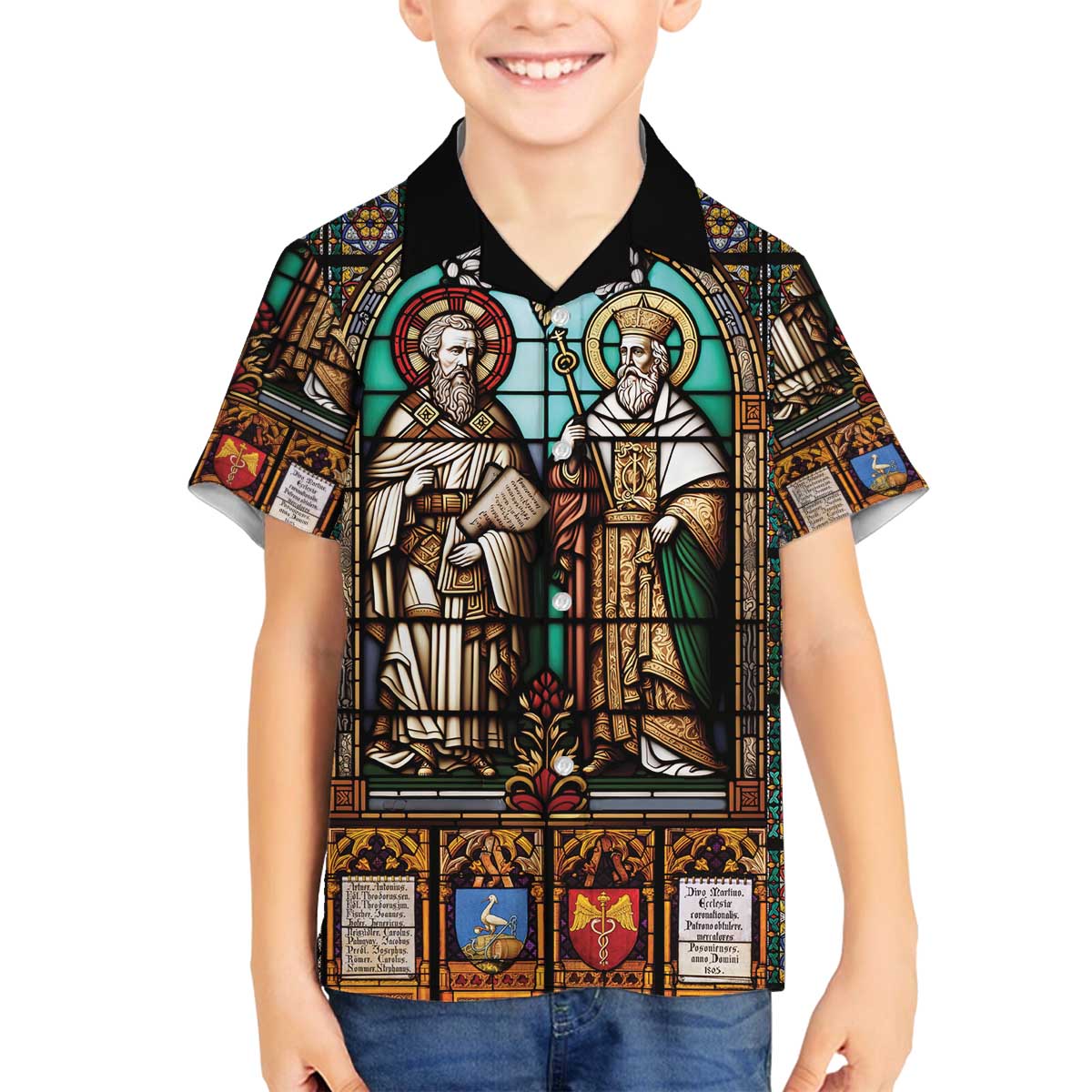 Happy Saints Cyril and Methodius Day Family Matching Off The Shoulder Long Sleeve Dress and Hawaiian Shirt Christian Stained-Glass Window
