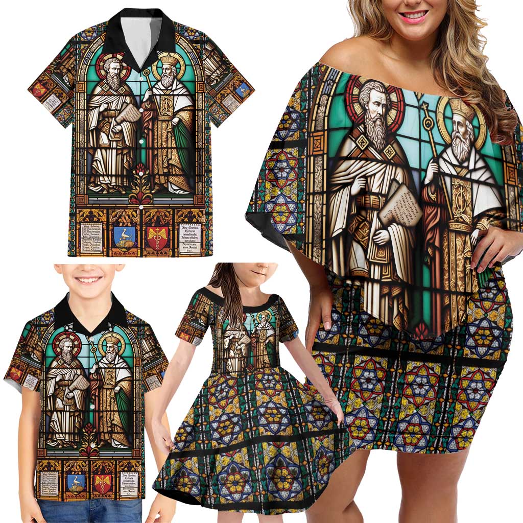 Happy Saints Cyril and Methodius Day Family Matching Off Shoulder Short Dress and Hawaiian Shirt Christian Stained-Glass Window