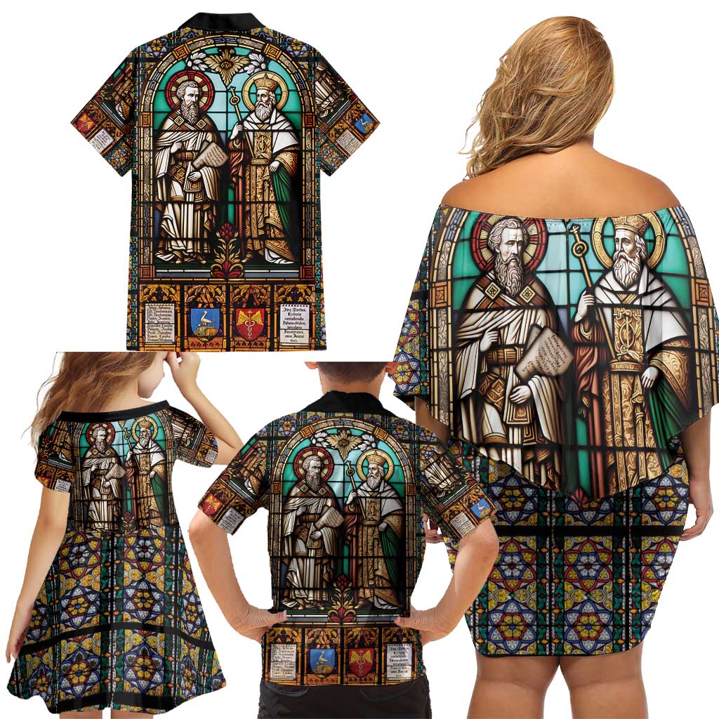 Happy Saints Cyril and Methodius Day Family Matching Off Shoulder Short Dress and Hawaiian Shirt Christian Stained-Glass Window