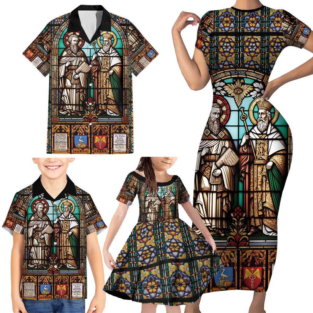 Happy Saints Cyril and Methodius Day Family Matching Short Sleeve Bodycon Dress and Hawaiian Shirt Christian Stained-Glass Window