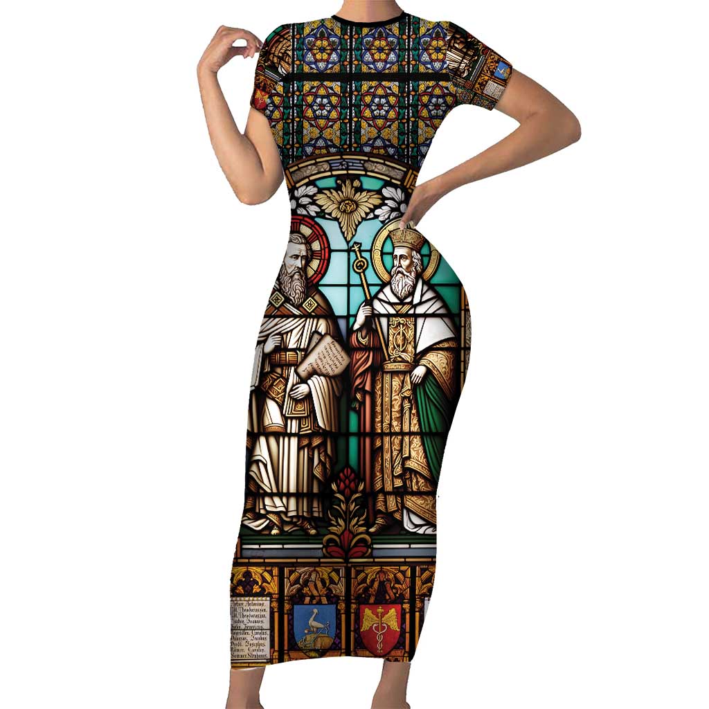 Happy Saints Cyril and Methodius Day Family Matching Short Sleeve Bodycon Dress and Hawaiian Shirt Christian Stained-Glass Window