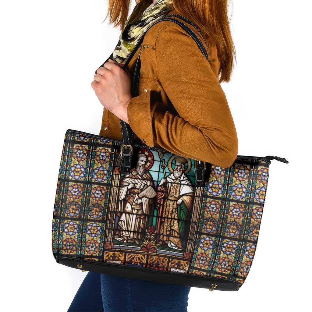 Happy Saints Cyril and Methodius Day Leather Tote Bag Christian Stained-Glass Window