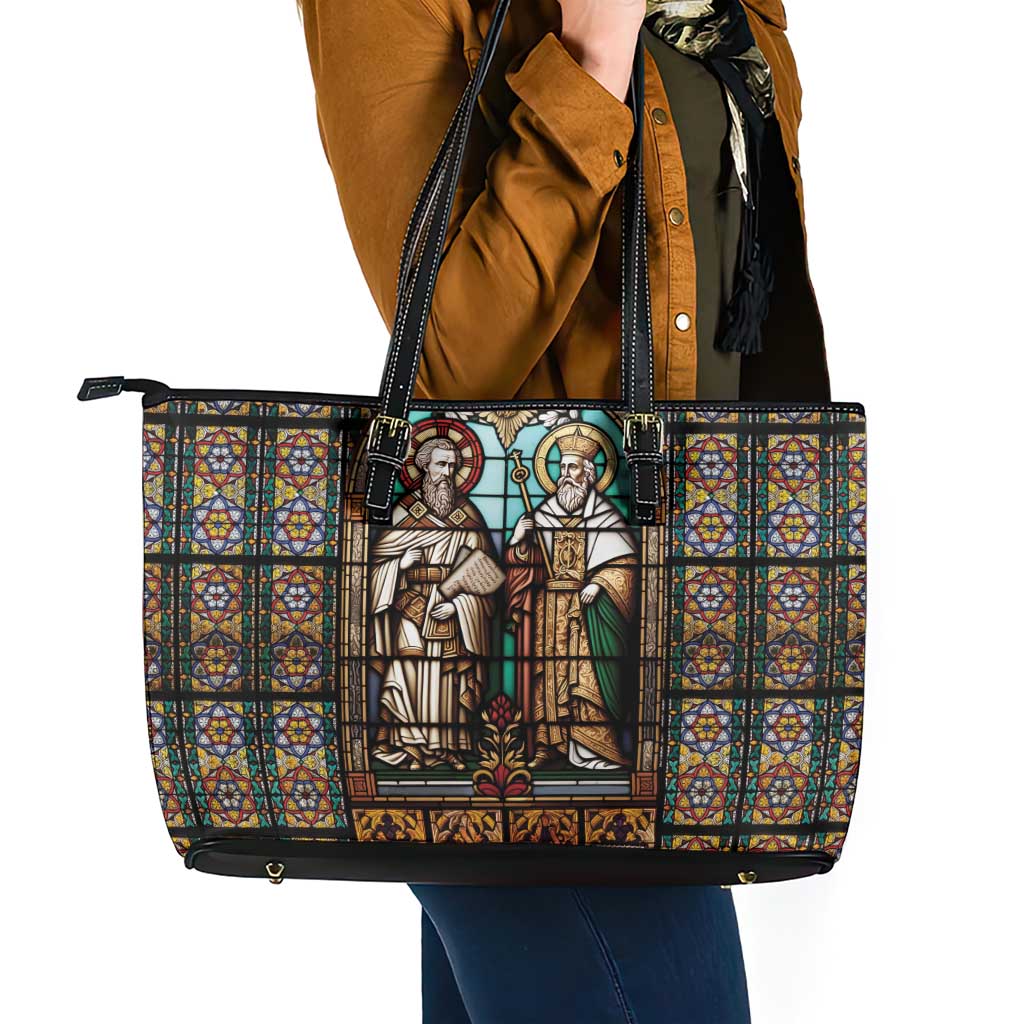 Happy Saints Cyril and Methodius Day Leather Tote Bag Christian Stained-Glass Window