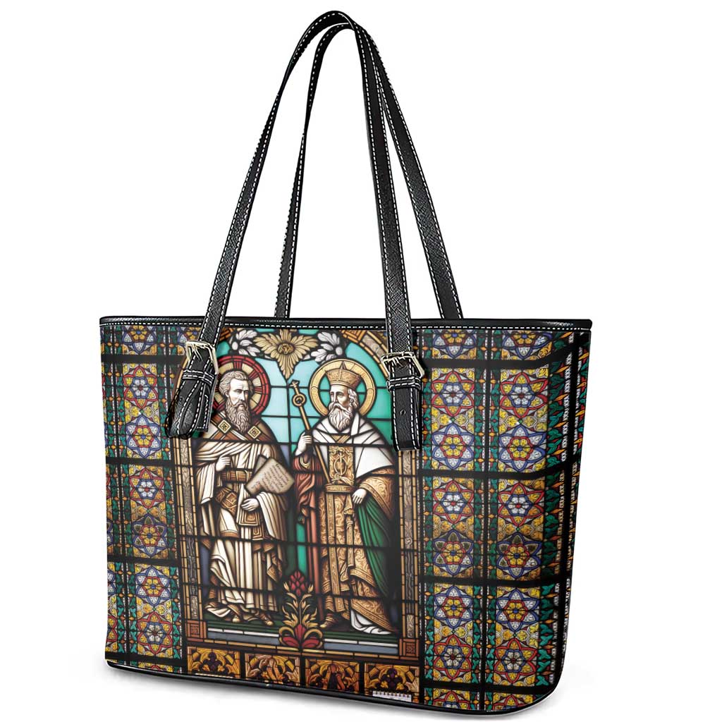 Happy Saints Cyril and Methodius Day Leather Tote Bag Christian Stained-Glass Window