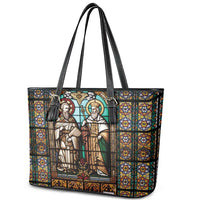 Happy Saints Cyril and Methodius Day Leather Tote Bag Christian Stained-Glass Window