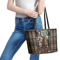 Happy Saints Cyril and Methodius Day Leather Tote Bag Christian Stained-Glass Window