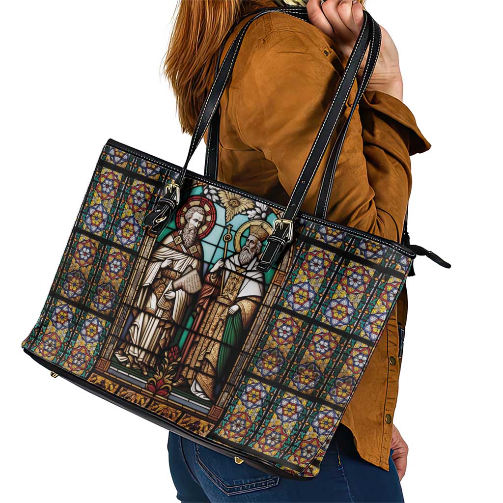 Happy Saints Cyril and Methodius Day Leather Tote Bag Christian Stained-Glass Window