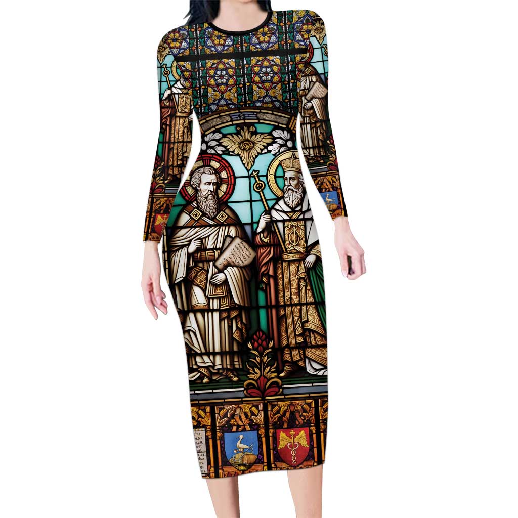 Happy Saints Cyril and Methodius Day Long Sleeve Bodycon Dress Christian Stained-Glass Window