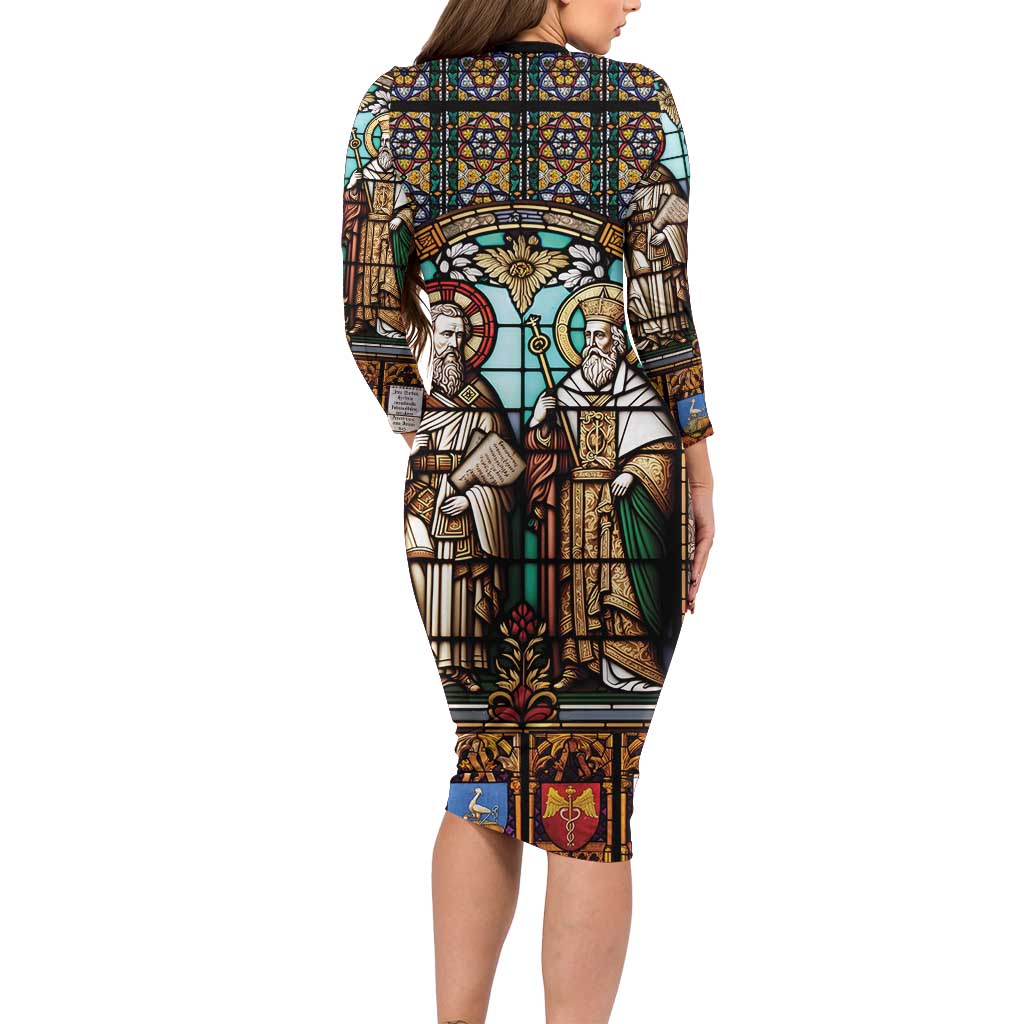 Happy Saints Cyril and Methodius Day Long Sleeve Bodycon Dress Christian Stained-Glass Window