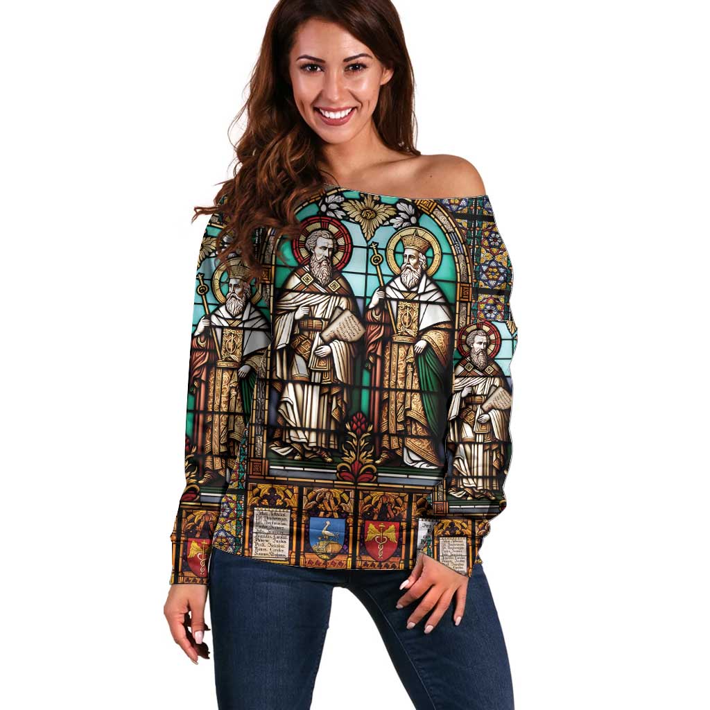 Happy Saints Cyril and Methodius Day Off Shoulder Sweater Christian Stained-Glass Window