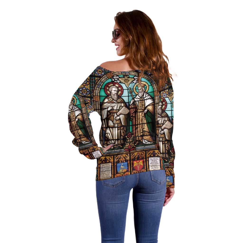 Happy Saints Cyril and Methodius Day Off Shoulder Sweater Christian Stained-Glass Window