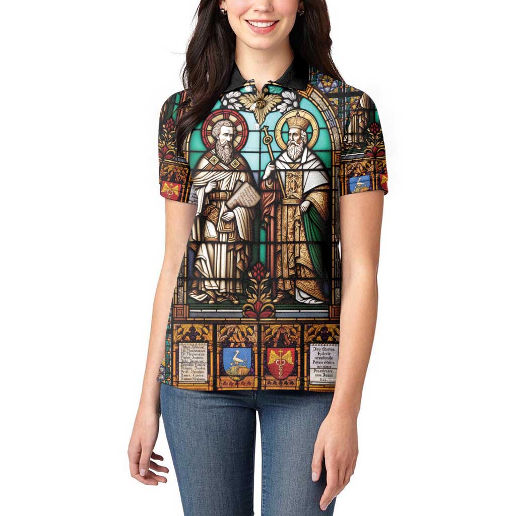 Happy Saints Cyril and Methodius Day Women Polo Shirt Christian Stained-Glass Window