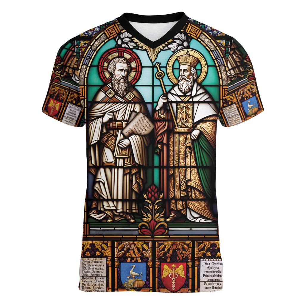 Happy Saints Cyril and Methodius Day Women V-Neck T-Shirt Christian Stained-Glass Window