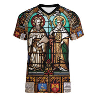 Happy Saints Cyril and Methodius Day Women V-Neck T-Shirt Christian Stained-Glass Window