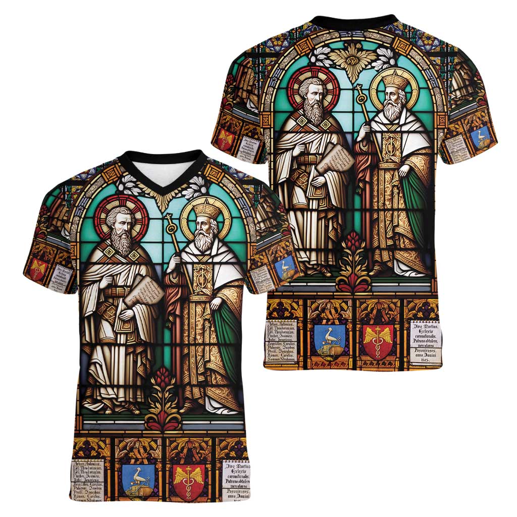 Happy Saints Cyril and Methodius Day Women V-Neck T-Shirt Christian Stained-Glass Window