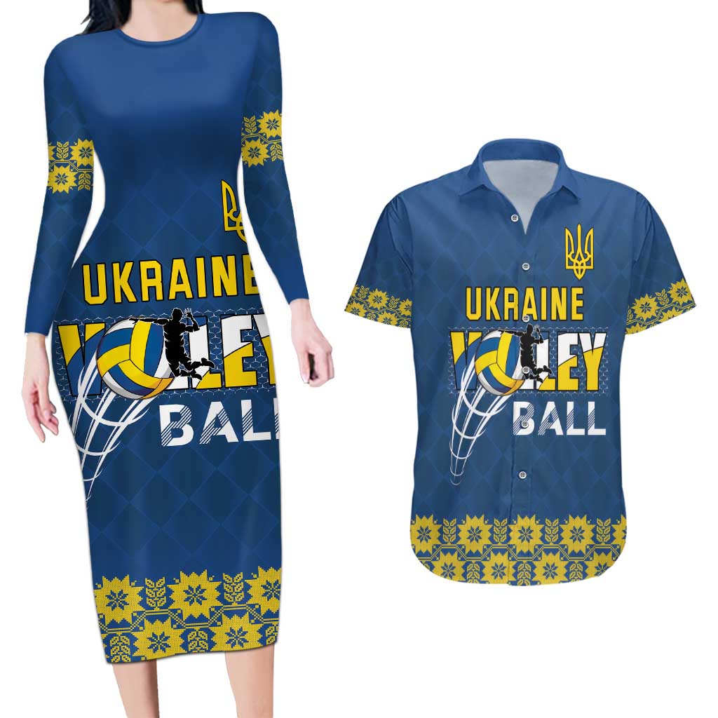 Custom Ukraine Volleyball Couples Matching Long Sleeve Bodycon Dress and Hawaiian Shirt Cholovicha Zbirna Ukrainy z Volejbolu