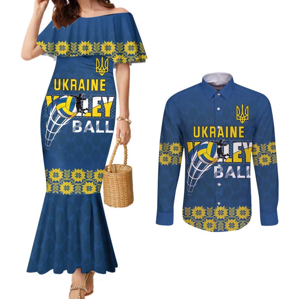 Custom Ukraine Volleyball Couples Matching Mermaid Dress and Long Sleeve Button Shirt Cholovicha Zbirna Ukrainy z Volejbolu