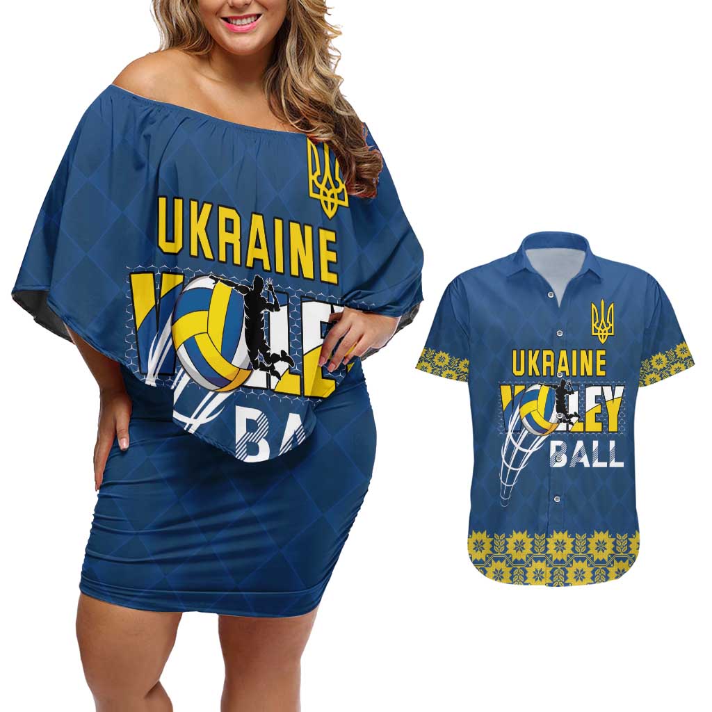 Custom Ukraine Volleyball Couples Matching Off Shoulder Short Dress and Hawaiian Shirt Cholovicha Zbirna Ukrainy z Volejbolu