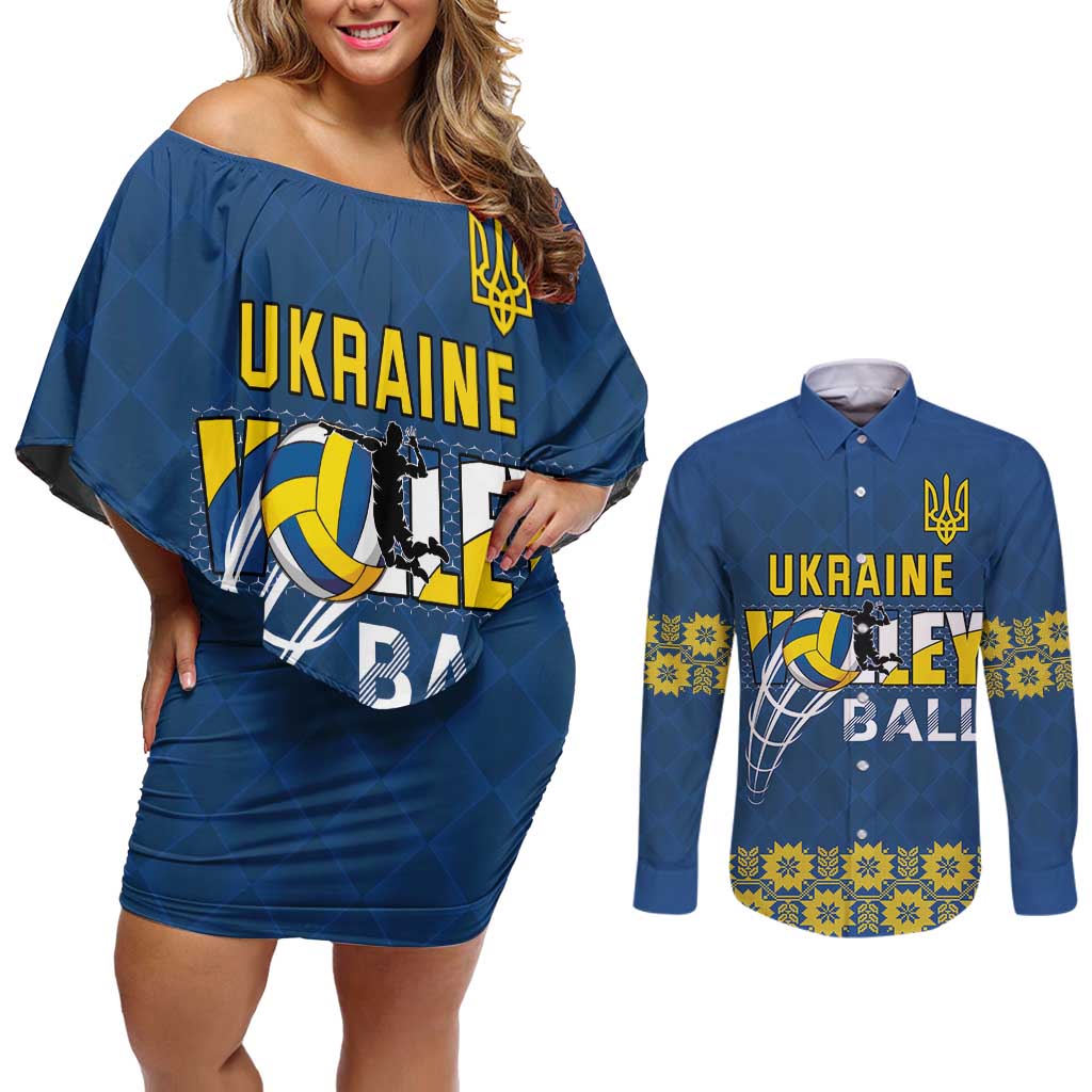 Custom Ukraine Volleyball Couples Matching Off Shoulder Short Dress and Long Sleeve Button Shirt Cholovicha Zbirna Ukrainy z Volejbolu