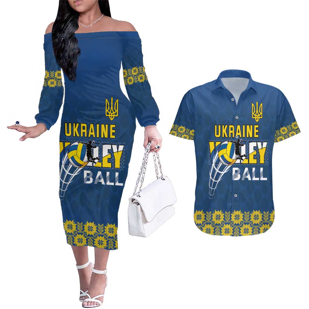 Custom Ukraine Volleyball Couples Matching Off The Shoulder Long Sleeve Dress and Hawaiian Shirt Cholovicha Zbirna Ukrainy z Volejbolu