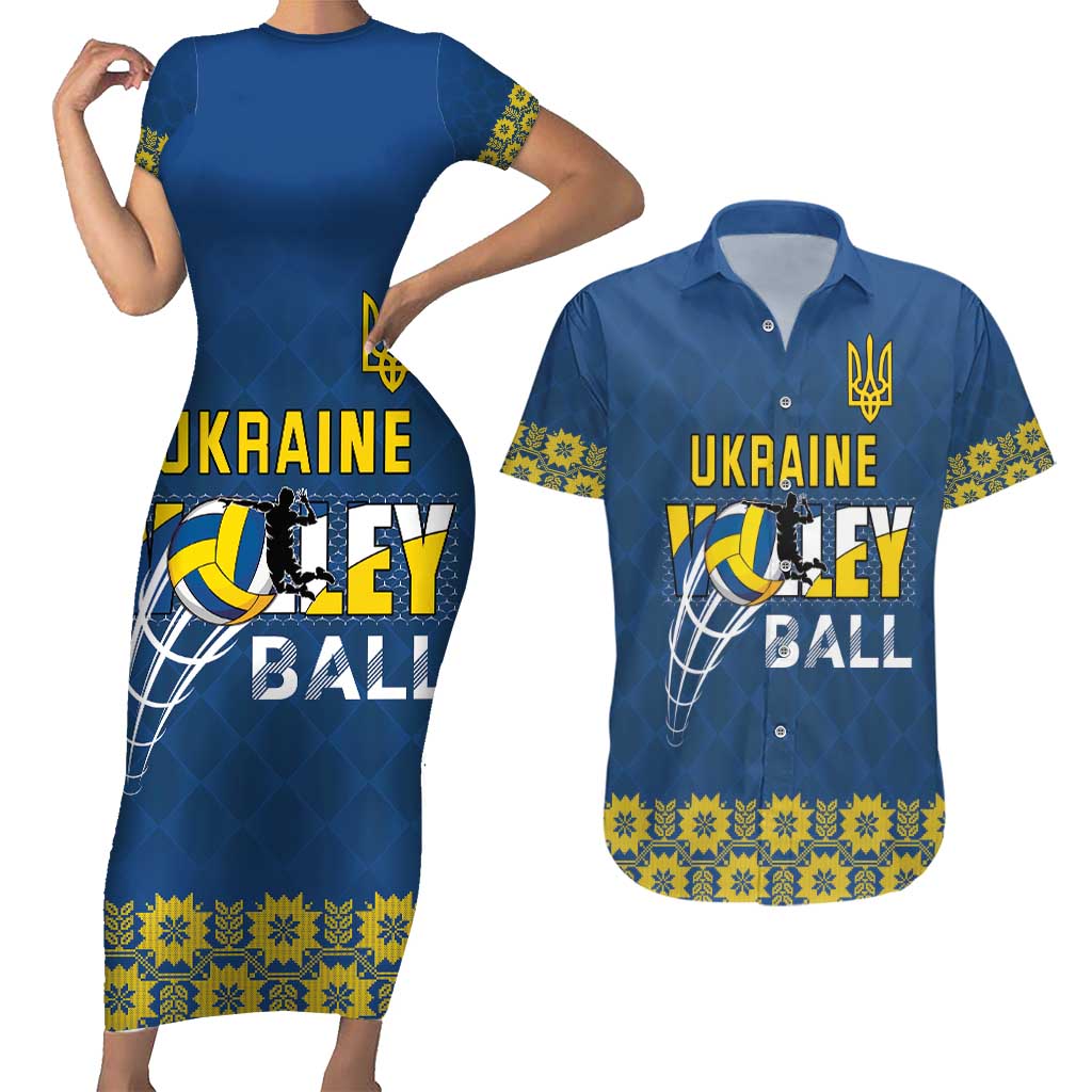 Custom Ukraine Volleyball Couples Matching Short Sleeve Bodycon Dress and Hawaiian Shirt Cholovicha Zbirna Ukrainy z Volejbolu