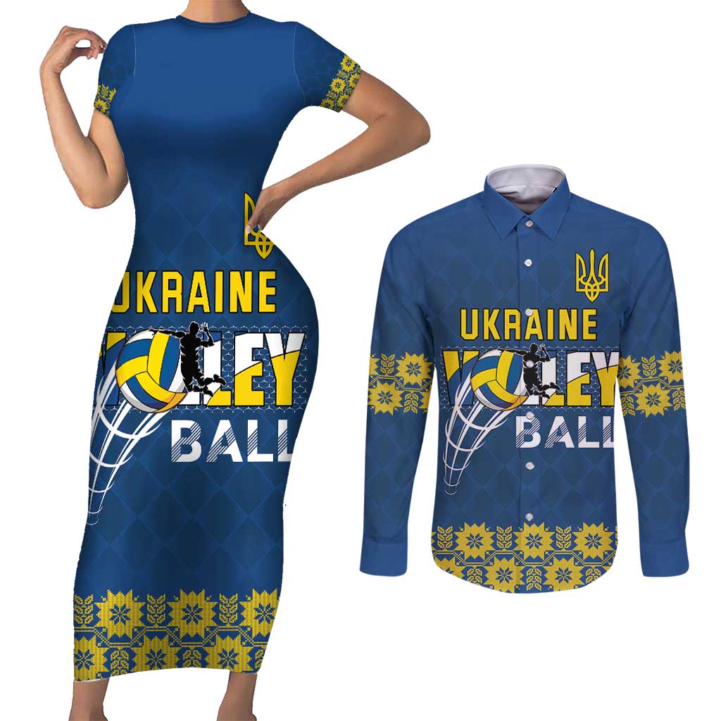 Custom Ukraine Volleyball Couples Matching Short Sleeve Bodycon Dress and Long Sleeve Button Shirt Cholovicha Zbirna Ukrainy z Volejbolu