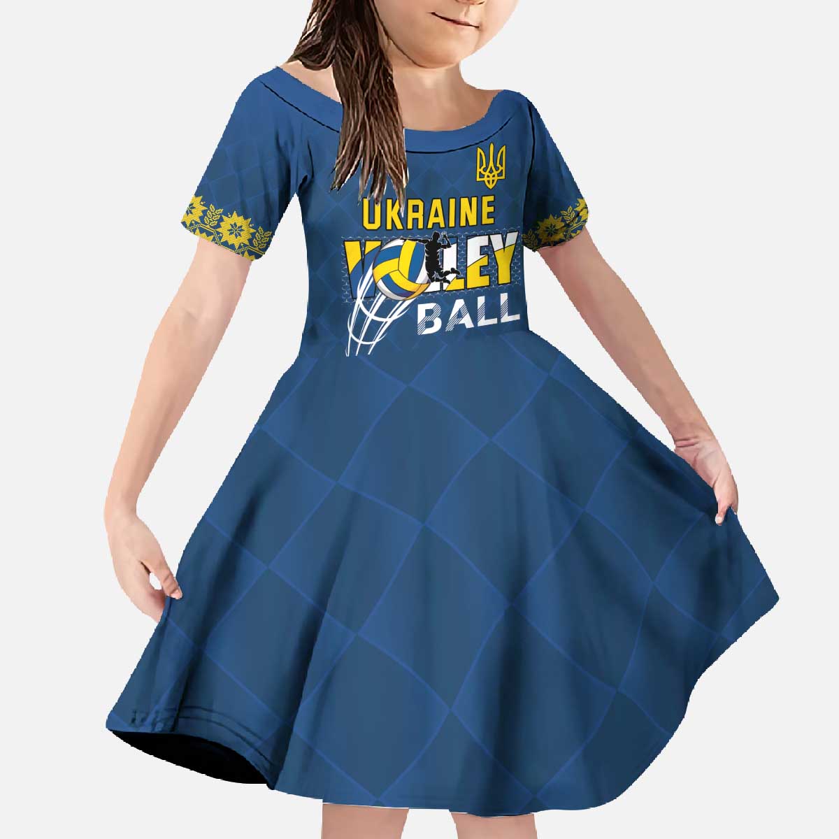 Custom Ukraine Volleyball Family Matching Off The Shoulder Long Sleeve Dress and Hawaiian Shirt Cholovicha Zbirna Ukrainy z Volejbolu
