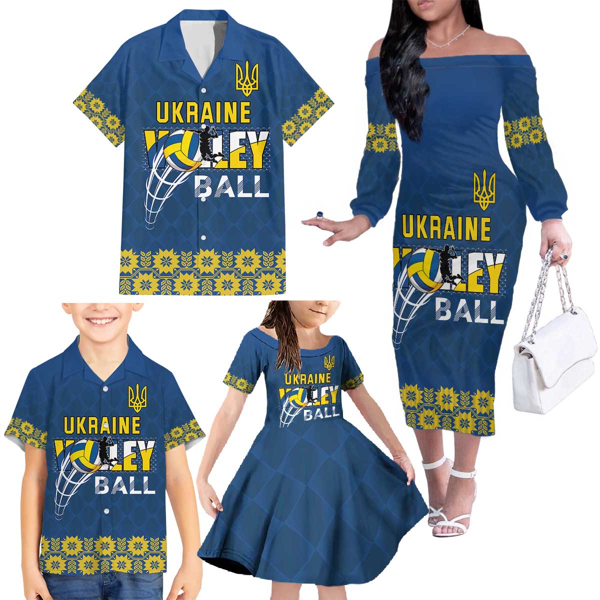 Custom Ukraine Volleyball Family Matching Off The Shoulder Long Sleeve Dress and Hawaiian Shirt Cholovicha Zbirna Ukrainy z Volejbolu