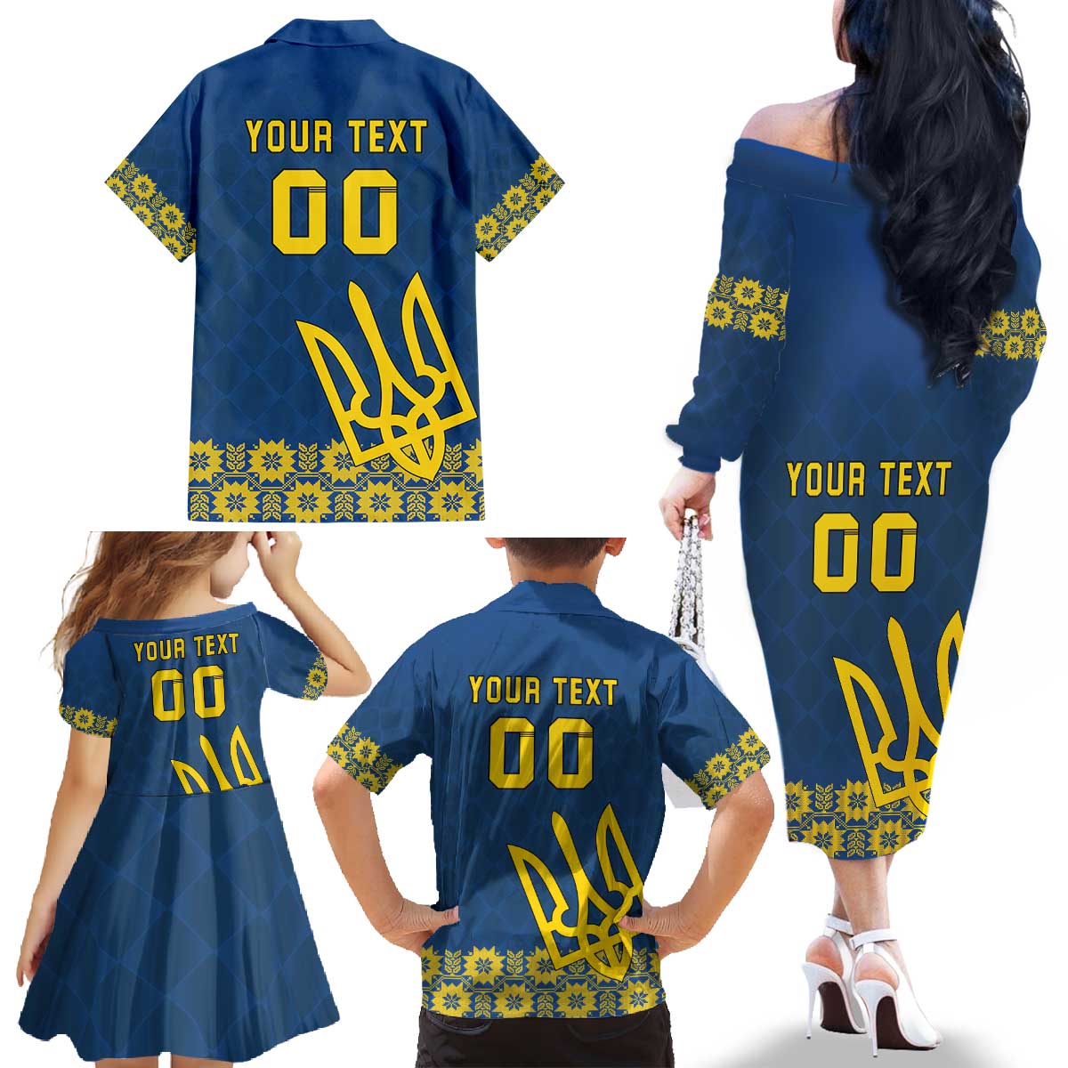 Custom Ukraine Volleyball Family Matching Off The Shoulder Long Sleeve Dress and Hawaiian Shirt Cholovicha Zbirna Ukrainy z Volejbolu