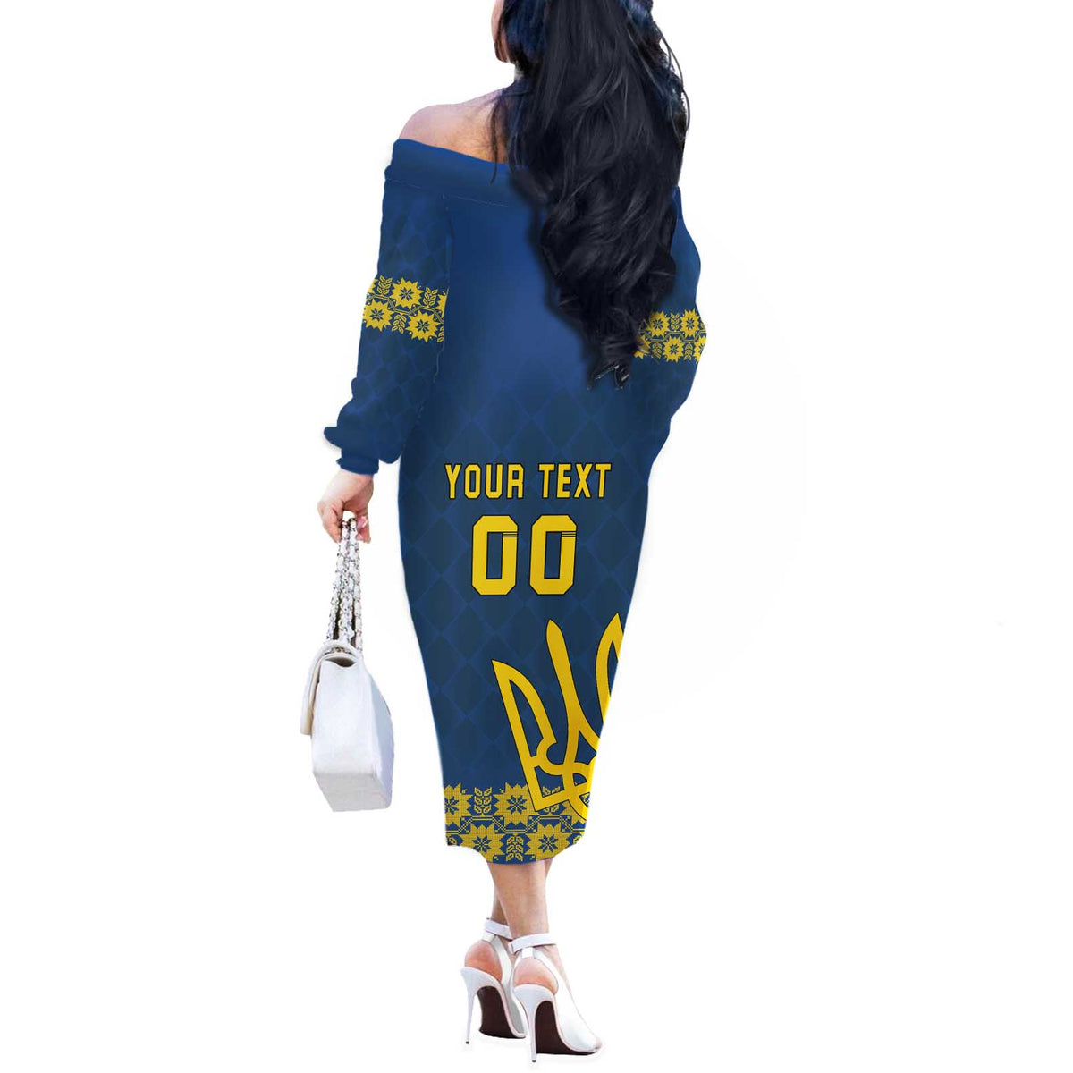 Custom Ukraine Volleyball Off The Shoulder Long Sleeve Dress Cholovicha Zbirna Ukrainy z Volejbolu