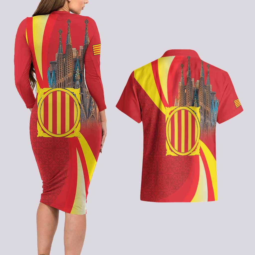 Catalonia Spain Couples Matching Long Sleeve Bodycon Dress and Hawaiian Shirt Basilica de la Sagrada Familia
