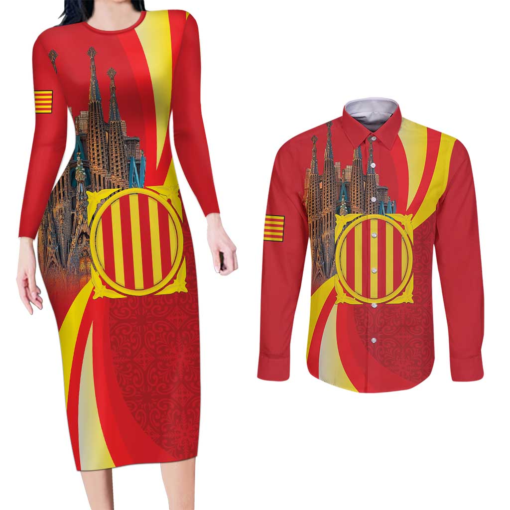 Catalonia Spain Couples Matching Long Sleeve Bodycon Dress and Long Sleeve Button Shirt Basilica de la Sagrada Familia