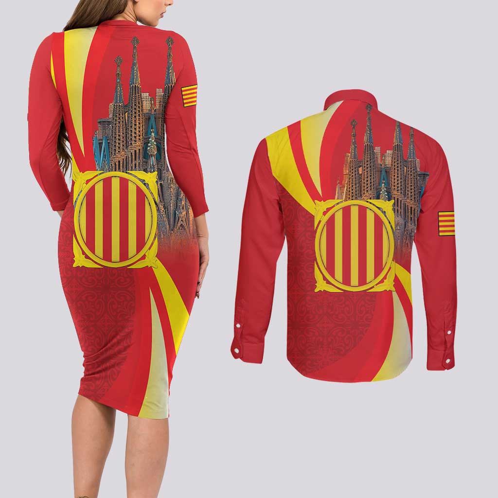 Catalonia Spain Couples Matching Long Sleeve Bodycon Dress and Long Sleeve Button Shirt Basilica de la Sagrada Familia