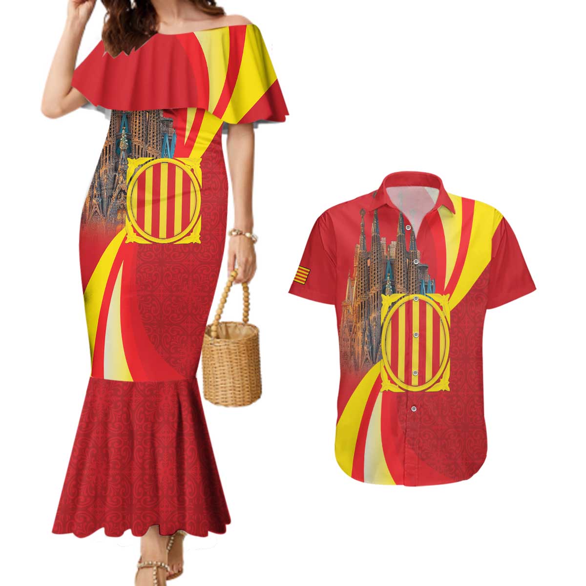 Catalonia Spain Couples Matching Mermaid Dress and Hawaiian Shirt Basilica de la Sagrada Familia