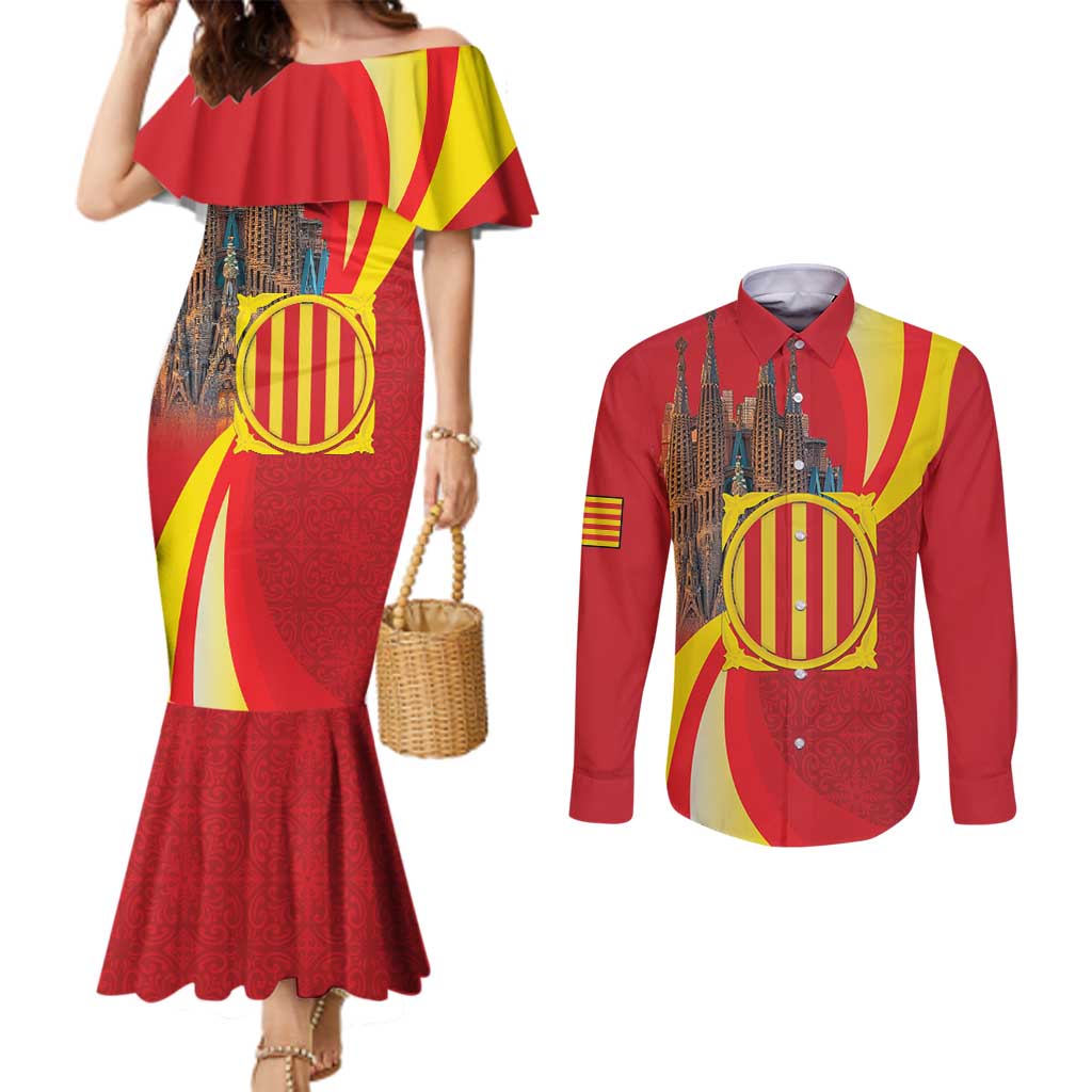 Catalonia Spain Couples Matching Mermaid Dress and Long Sleeve Button Shirt Basilica de la Sagrada Familia