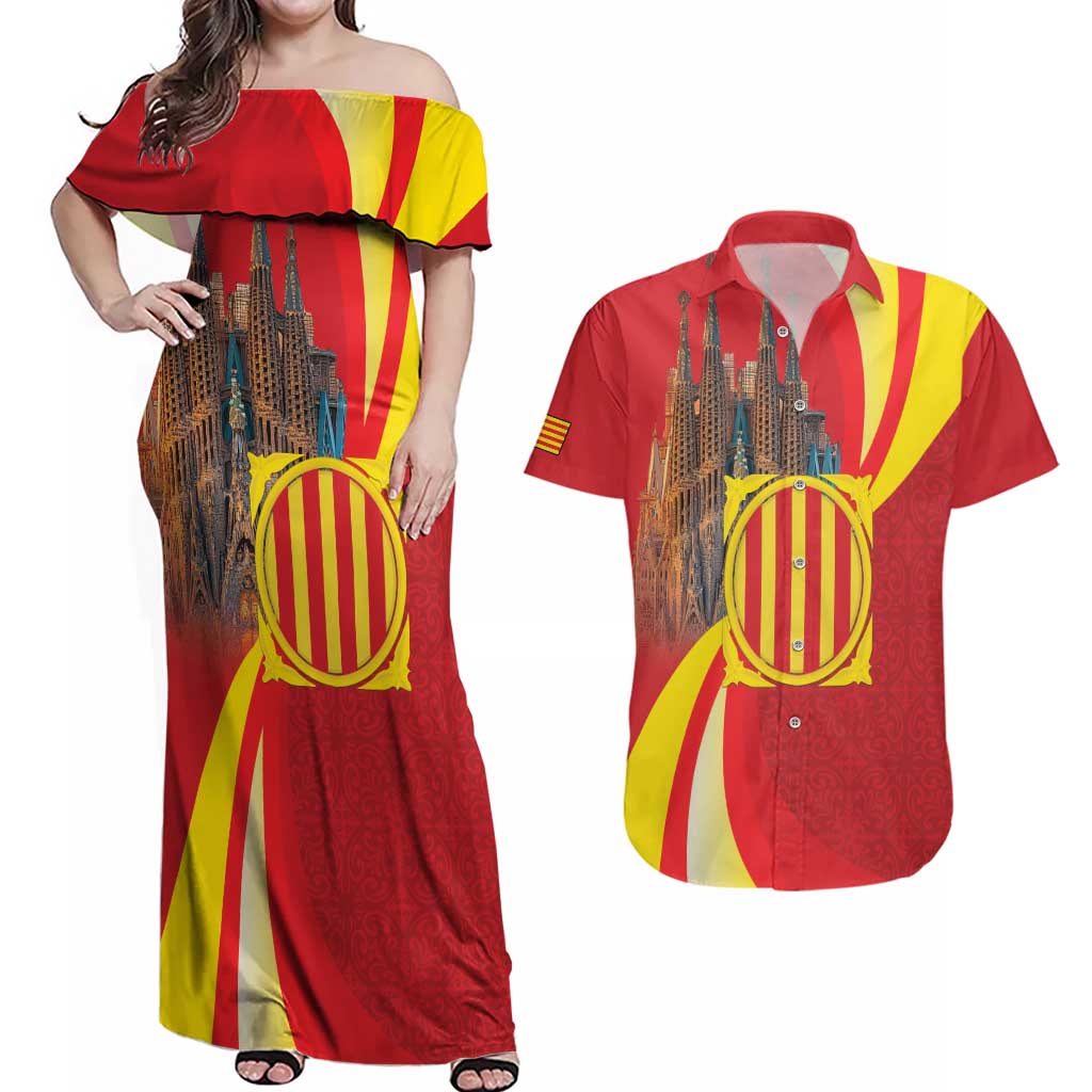 Catalonia Spain Couples Matching Off Shoulder Maxi Dress and Hawaiian Shirt Basilica de la Sagrada Familia