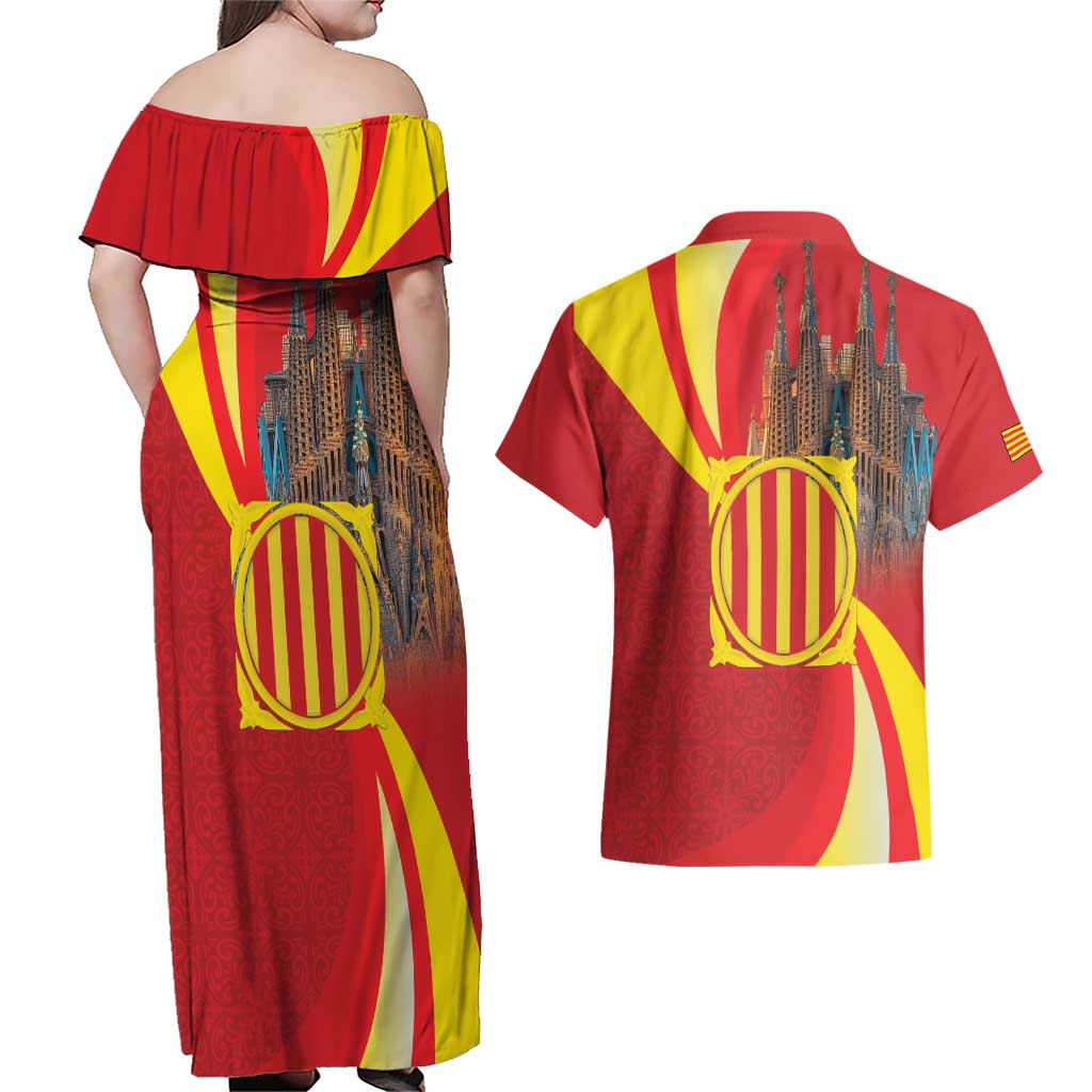 Catalonia Spain Couples Matching Off Shoulder Maxi Dress and Hawaiian Shirt Basilica de la Sagrada Familia