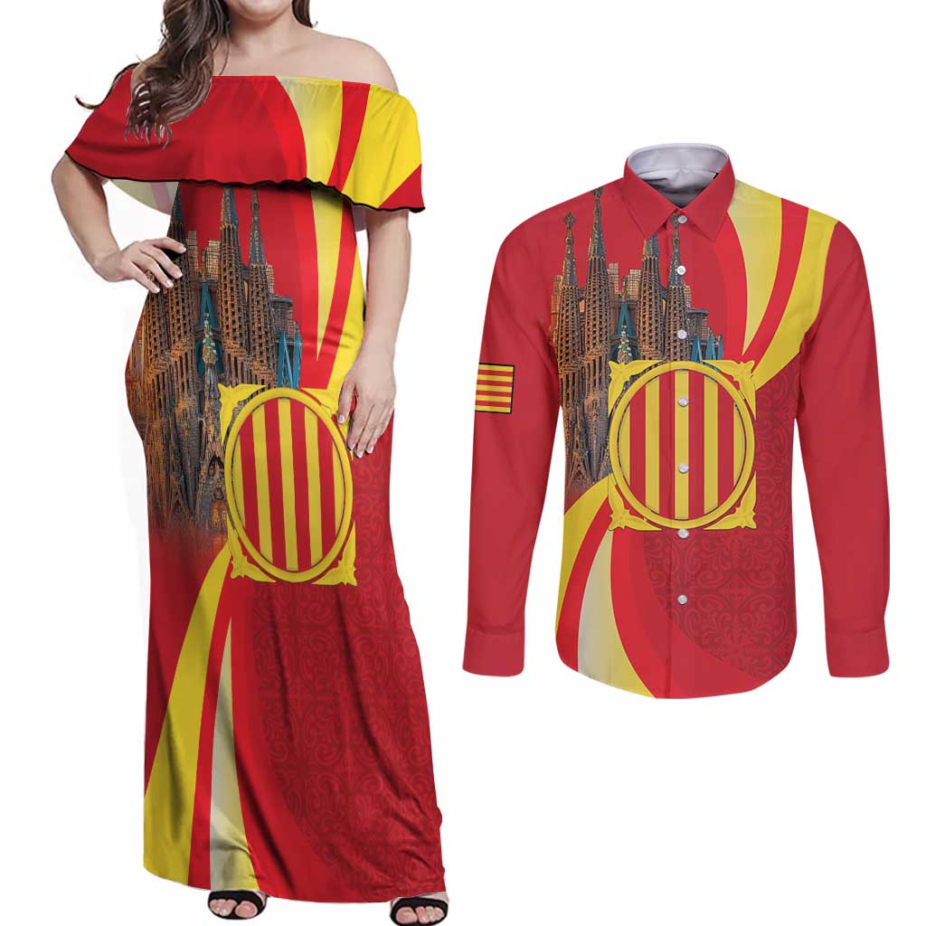 Catalonia Spain Couples Matching Off Shoulder Maxi Dress and Long Sleeve Button Shirt Basilica de la Sagrada Familia