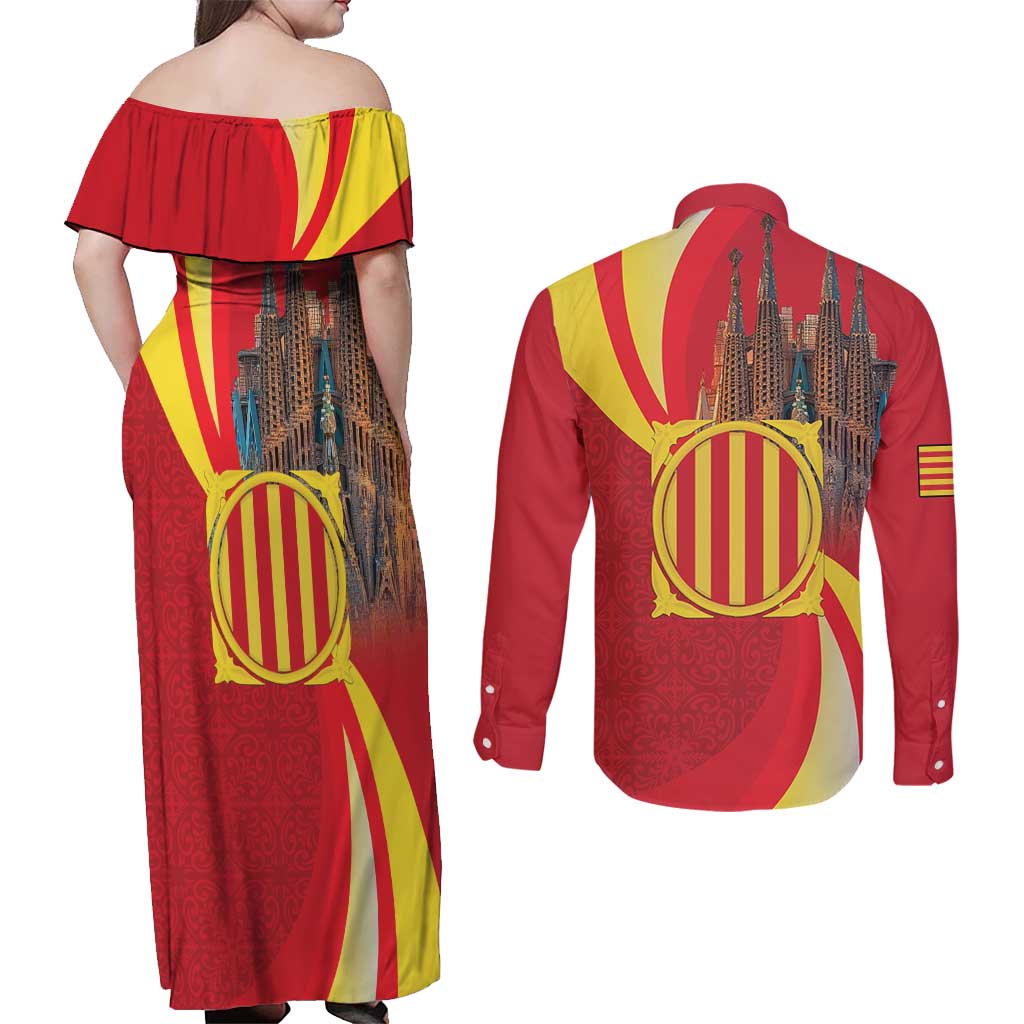 Catalonia Spain Couples Matching Off Shoulder Maxi Dress and Long Sleeve Button Shirt Basilica de la Sagrada Familia