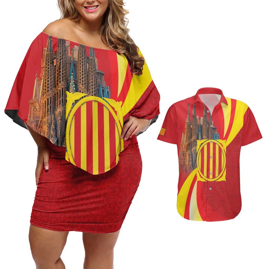 Catalonia Spain Couples Matching Off Shoulder Short Dress and Hawaiian Shirt Basilica de la Sagrada Familia