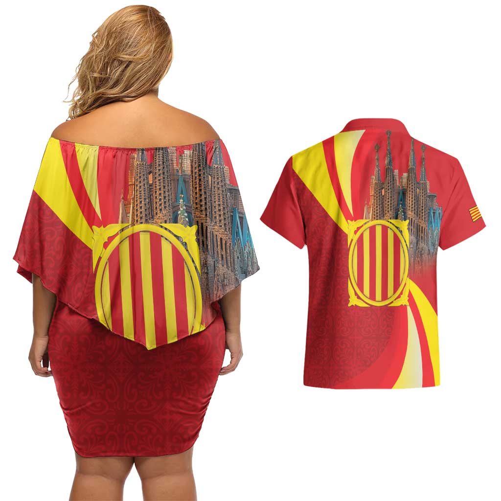 Catalonia Spain Couples Matching Off Shoulder Short Dress and Hawaiian Shirt Basilica de la Sagrada Familia