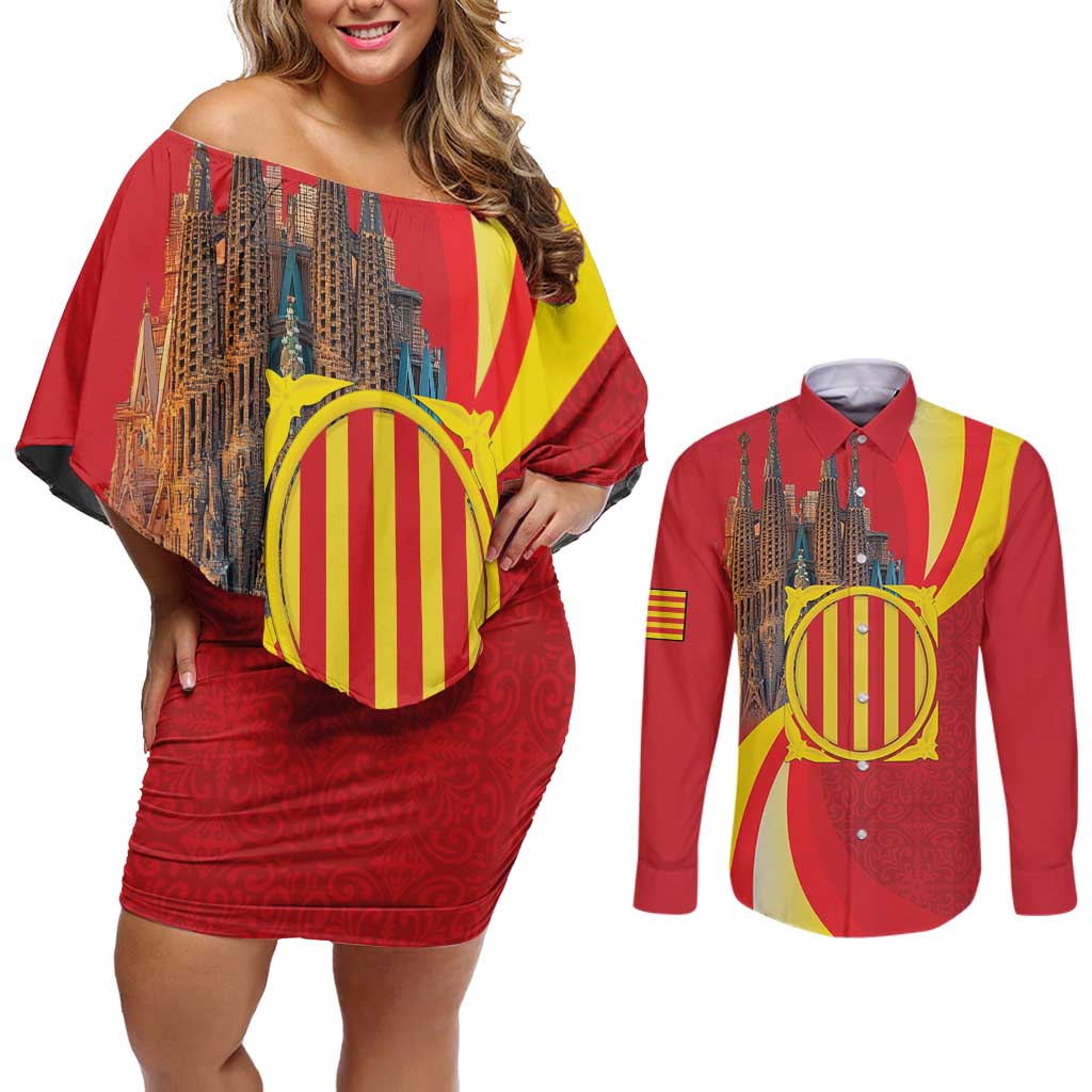 Catalonia Spain Couples Matching Off Shoulder Short Dress and Long Sleeve Button Shirt Basilica de la Sagrada Familia