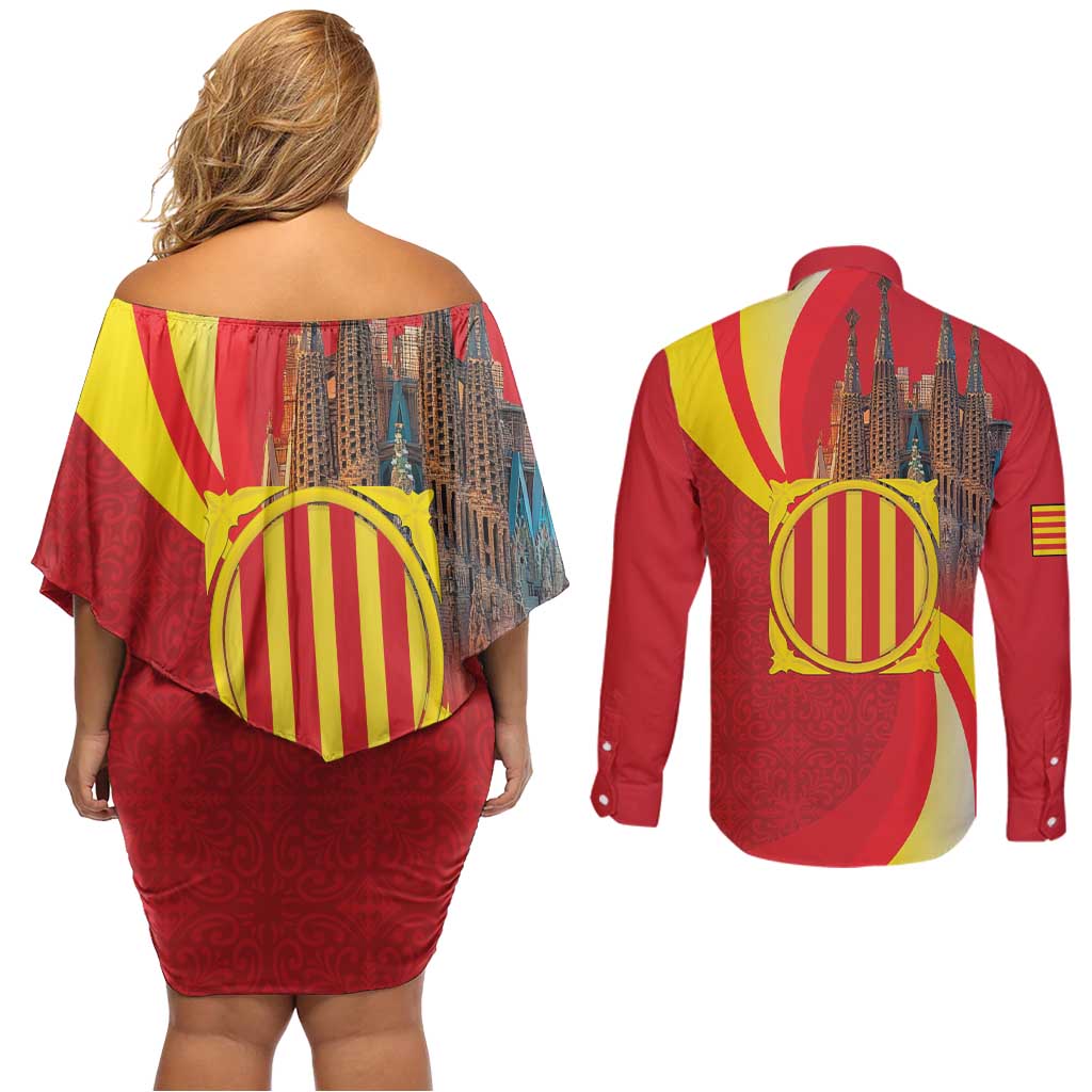 Catalonia Spain Couples Matching Off Shoulder Short Dress and Long Sleeve Button Shirt Basilica de la Sagrada Familia