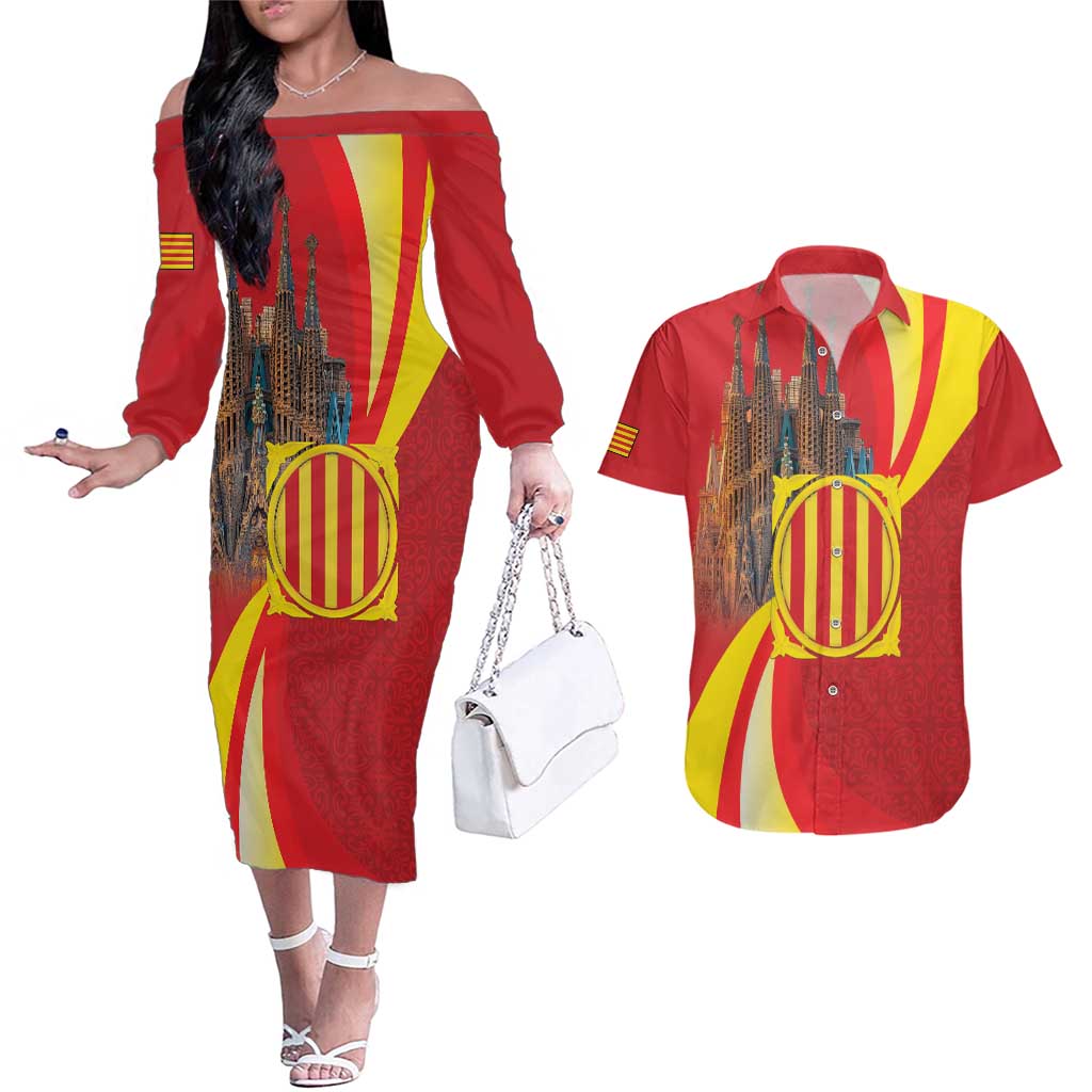 Catalonia Spain Couples Matching Off The Shoulder Long Sleeve Dress and Hawaiian Shirt Basilica de la Sagrada Familia