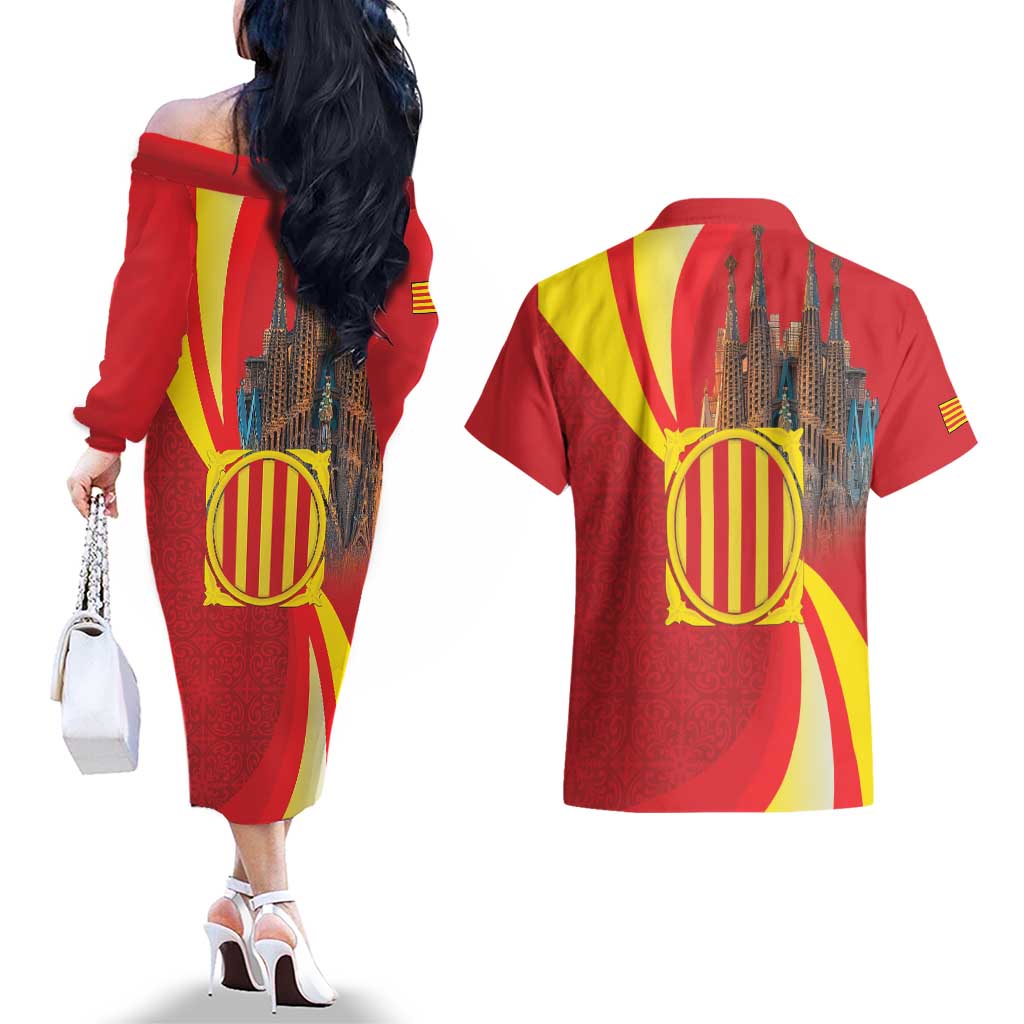 Catalonia Spain Couples Matching Off The Shoulder Long Sleeve Dress and Hawaiian Shirt Basilica de la Sagrada Familia