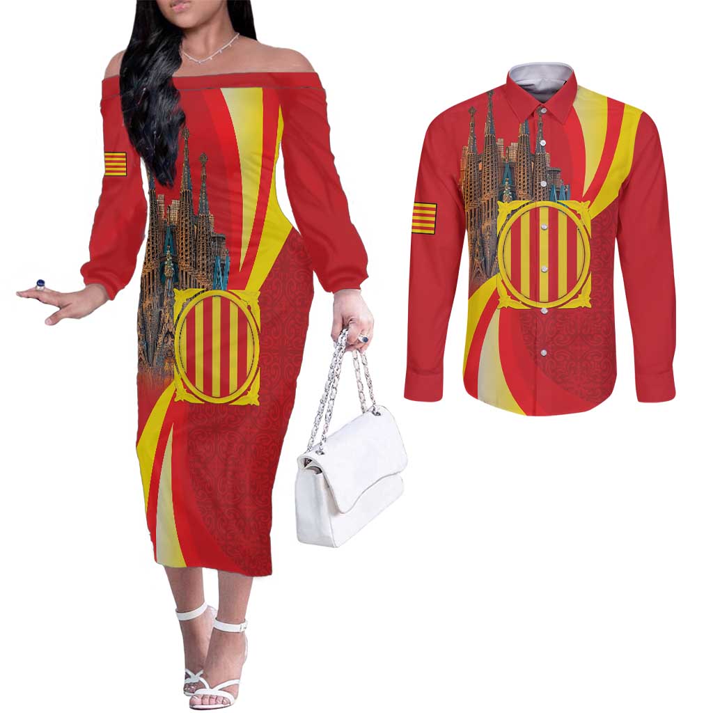 Catalonia Spain Couples Matching Off The Shoulder Long Sleeve Dress and Long Sleeve Button Shirt Basilica de la Sagrada Familia