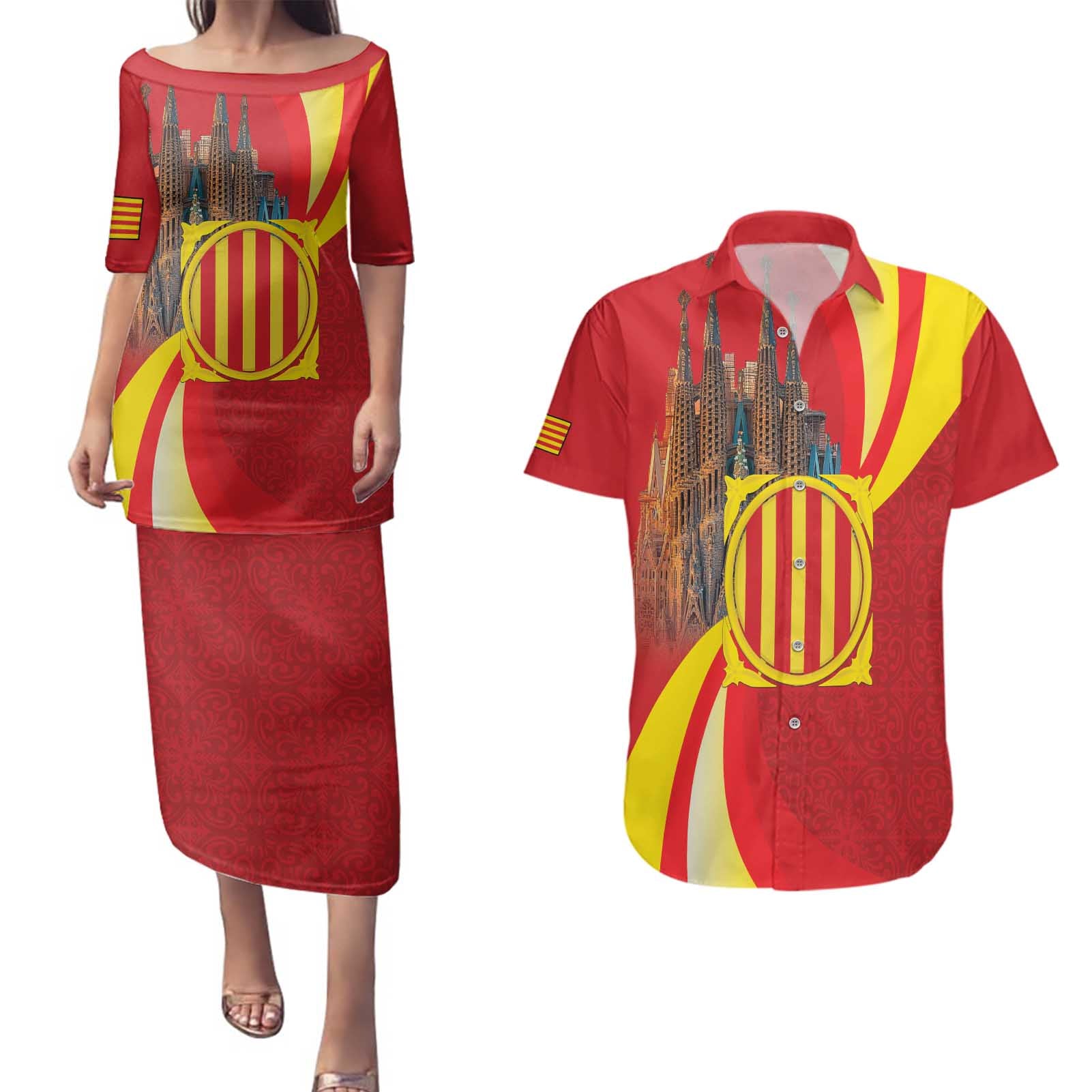 Catalonia Spain Couples Matching Puletasi and Hawaiian Shirt Basilica de la Sagrada Familia